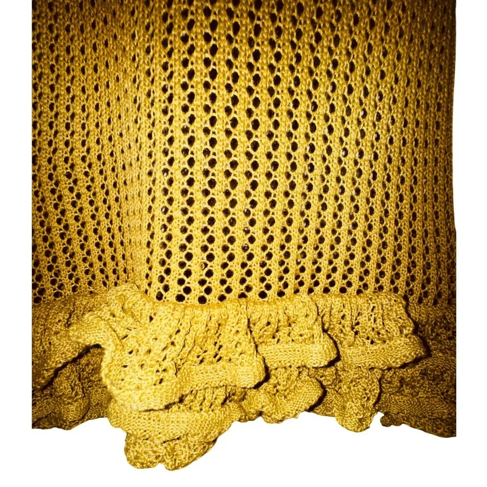 Y2k Mustard Yellow Crochet Knit Ruffle Hem Sexy Babydoll‎ Dress Large Party Club